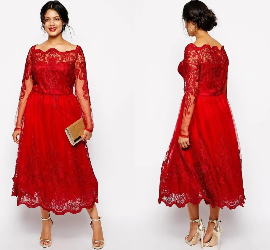 2018 Cheap Red Mother of the Bride Dresses Off Shoulder Long Sleeves Lace Appliques Tea Length Plus Size Party Dress Wedding Guest Gowns