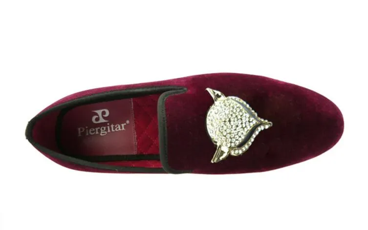 Mens sammet skor med räv rhinestone spänne bröllop loafers rökning slipper män lägenheter plus storlek US6.5-US12 AXX708