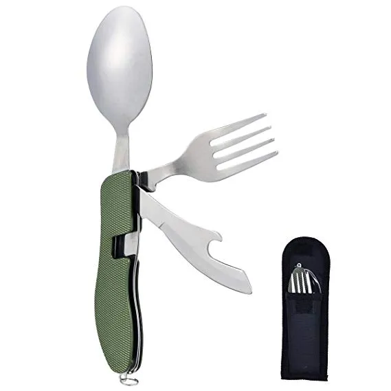 Multipurpose Portable 4 stycken Fällbar Utensil Set Camping Rostfritt Stål Gaffel Spoon Bottle Opener Set Storage Case Outdoor Edc Gear