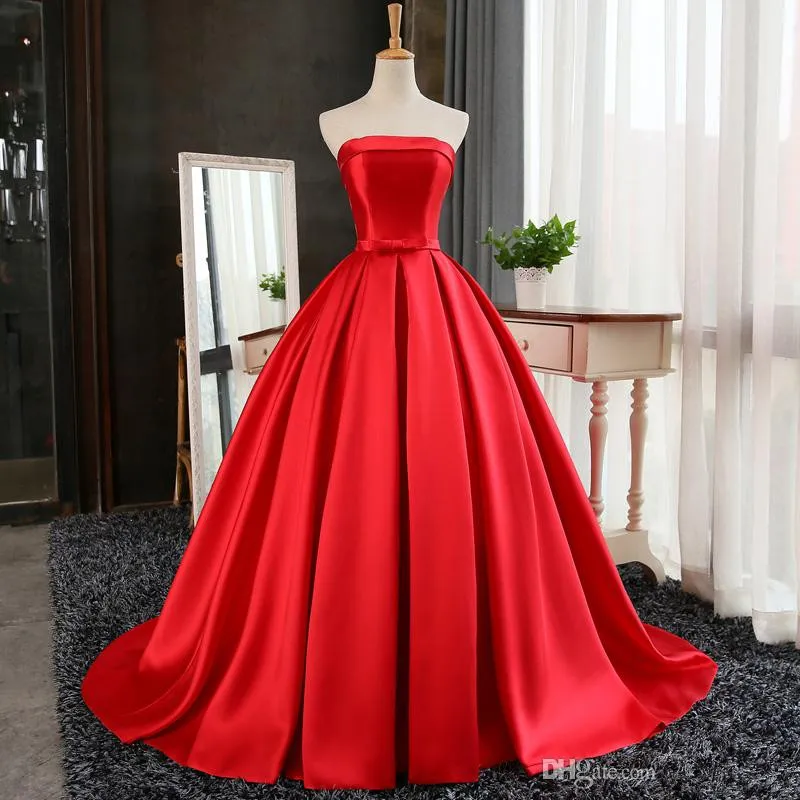 Strapless Satin Long Evening Dresses 2019 Red Floor Length Prom Dresses New Party Dress Elegant
