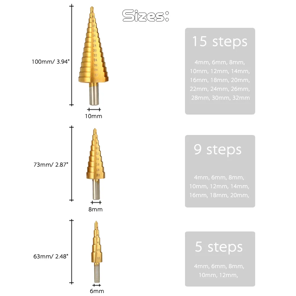HSS шаг сверла Титана покрытием прямой флейты Пагода сверло набор деревообрабатывающих перфоратор 1/4