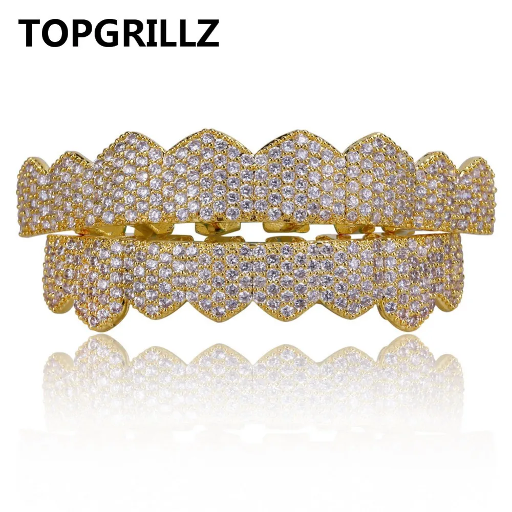 TOPGRILLZ микро проложить кубический Циркон Custom Fit золото серебряный цвет обледенелый хип-хоп зубы Grillz верхние нижние зубы Грили набор