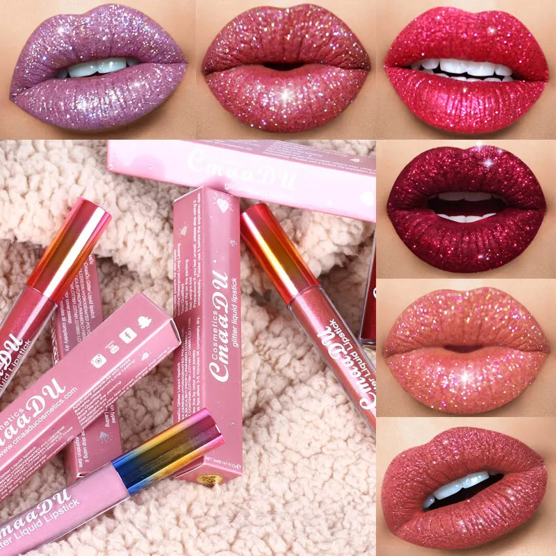 CMAADU Glitter Flip Gloss Gloss Gloss Blispet Matte Tint Tint 6 Цветов Водонепроницаемый Долговечный Diamond Flash Flash Shimmer Жидкая помада