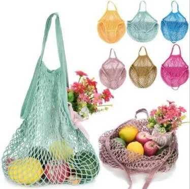 Malha Net Shopping Sacos Frutas Vegetais Portáteis Dobrável Algodão Corda Reusável Tartaruga Bolsas Para Cozinha Sundries CCA9849 200pcs