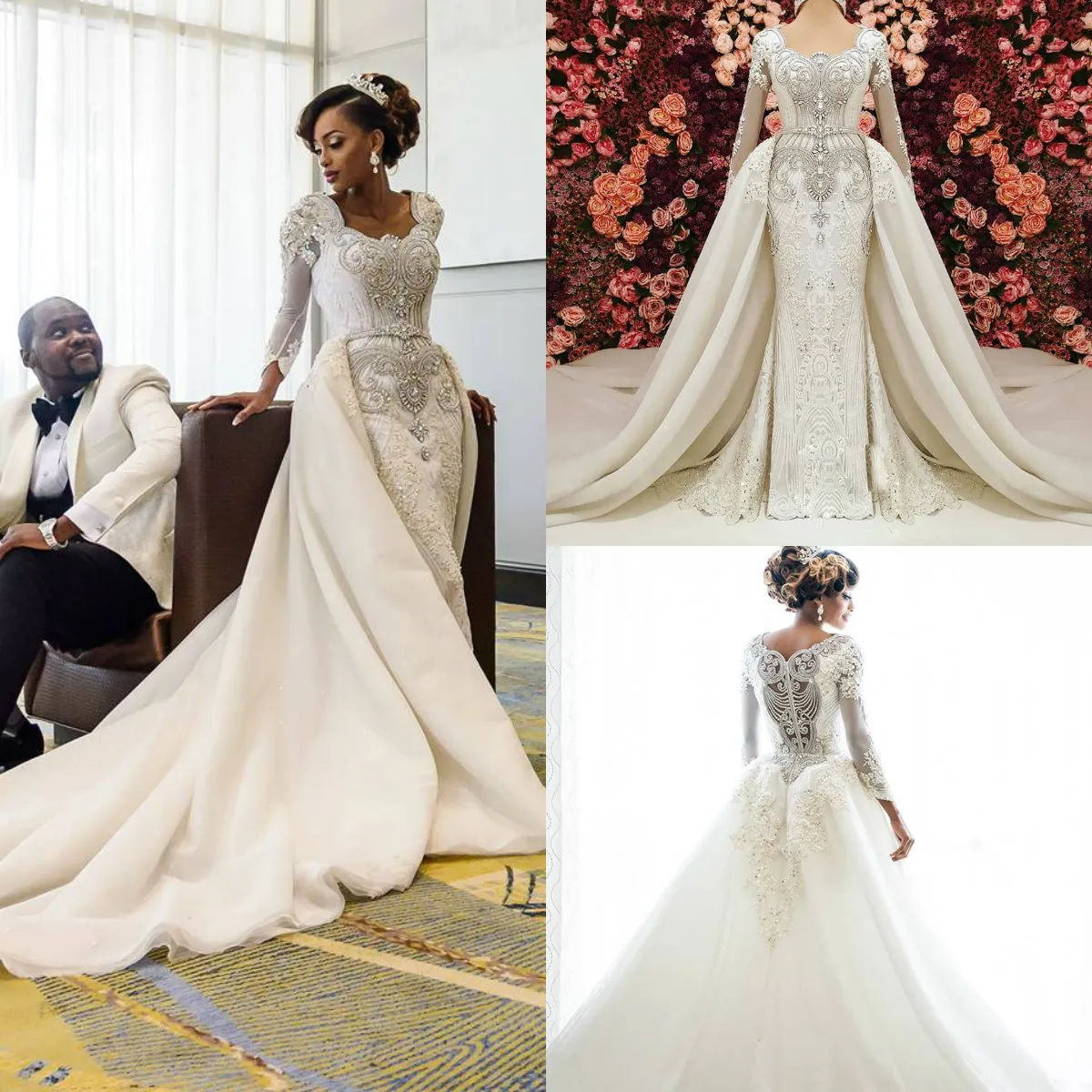 African Mermaid Wedding Dresses With Detachable Skirt Lace Appliques