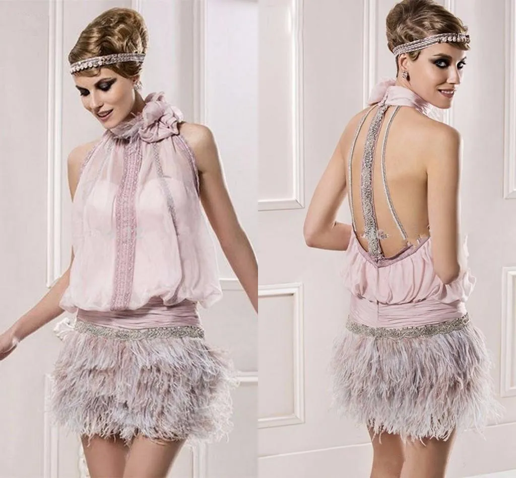 Vintage Great Gatsby Pink High Neck Short Cocktail Dresses With Feather Sparkly Beaded Backless Prom Party Occasion Gowns