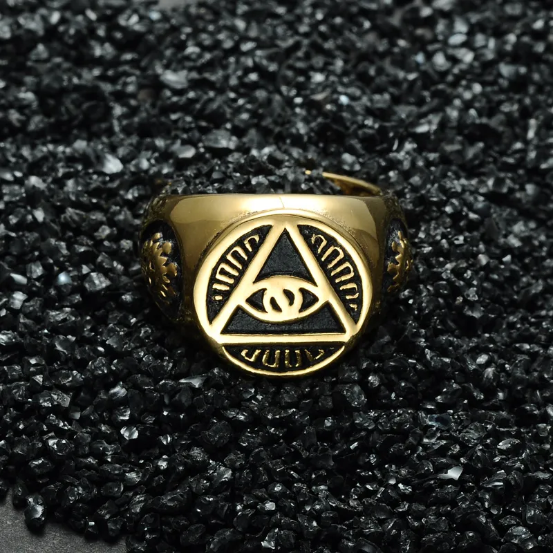 Punk Cool Goud Kleur Titanium Rvs Illuminati Piramide Boze Oog Symbool Zegelringen voor Mannen Jewelry1387825