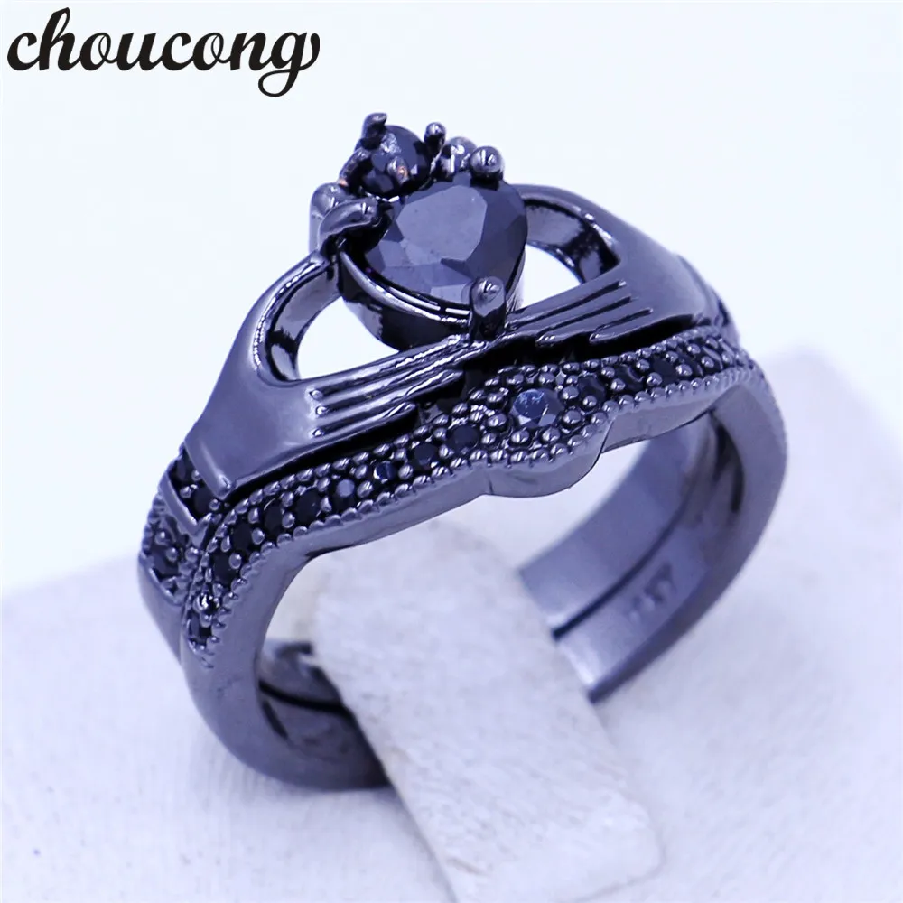 Choucong 4 cores Birthstone mulheres anel claddagh 5A zircão cz Black Gold Filled Wedding Band Conjuntos de noiva anel para mulheres homens