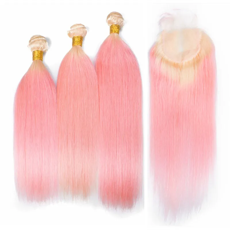 Brasilianisches Echthaar #613/Pink Ombre, 3 Bündel mit Verschluss, glatt, blond und rosa Ombre, 4x4-Spitzenverschluss mit unbehandeltem Haar