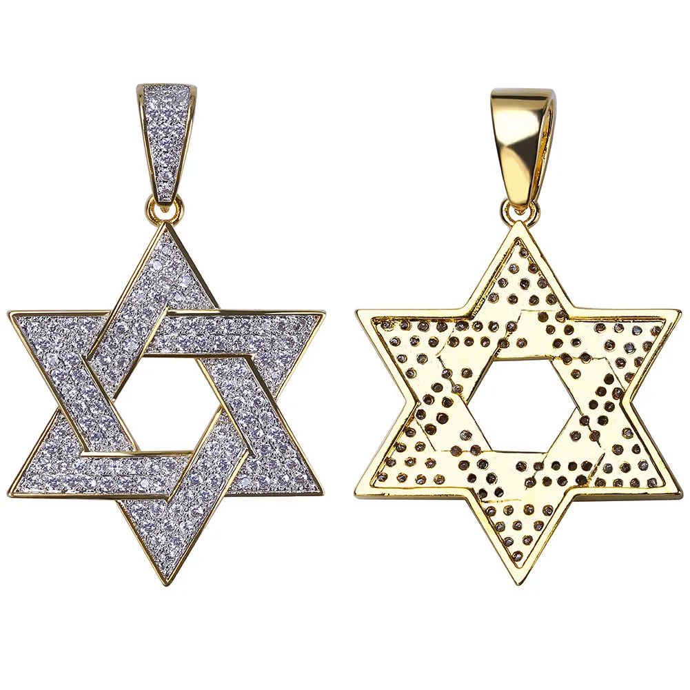 Hip Hop Men Gold Color Star Of David Plated Necklace Micro Pave Iced Out CZ Stone Pendant Necklaces with Rope Chain