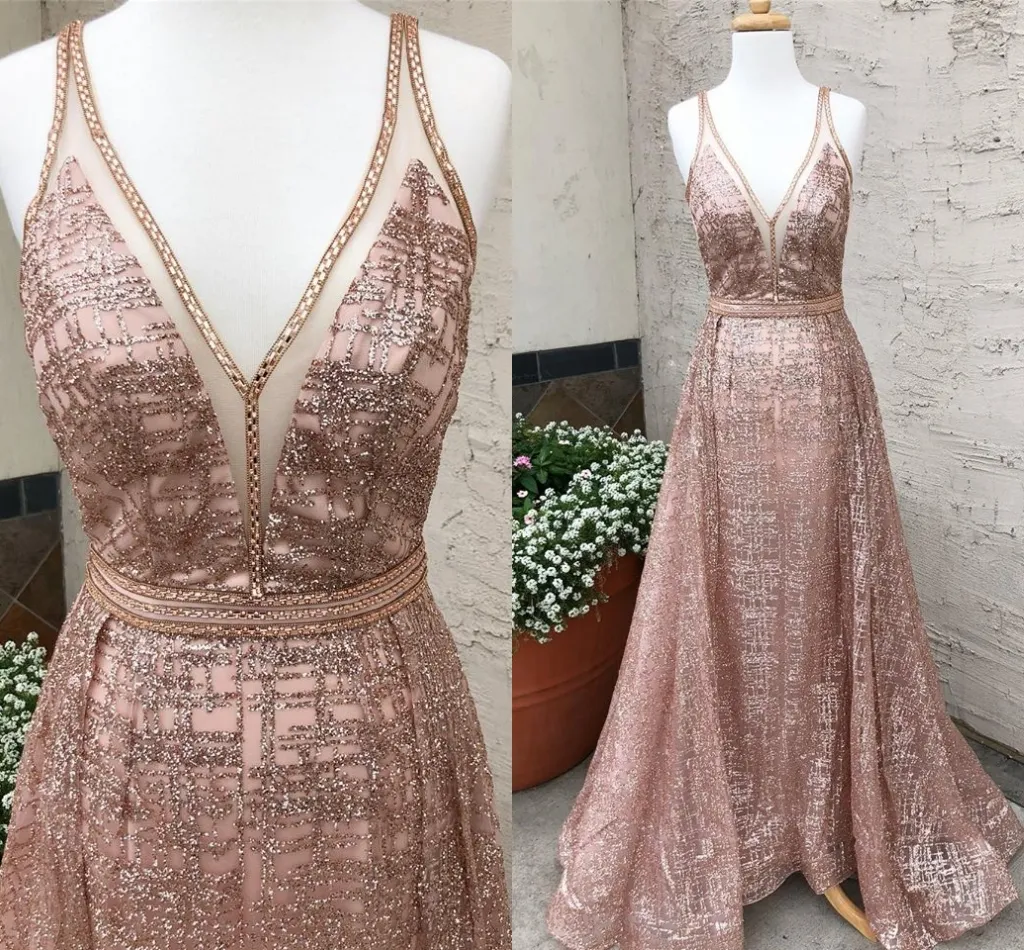 Sparkle Pailletten Prom Jurken 2020 Diepe V-hals Overskirt Champagne Rose Gold Pageant Jurk Echte afbeelding Sweep Train Mouwloos 2k20 Open V Back