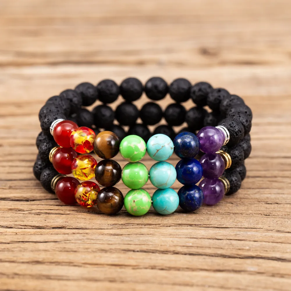 7 Chakren 8mm Schwarz Lava Stein Armband DIY Aromatherapie Ätherisches Öl Diffusor Armband Buddha Mala Yoga Schmuck