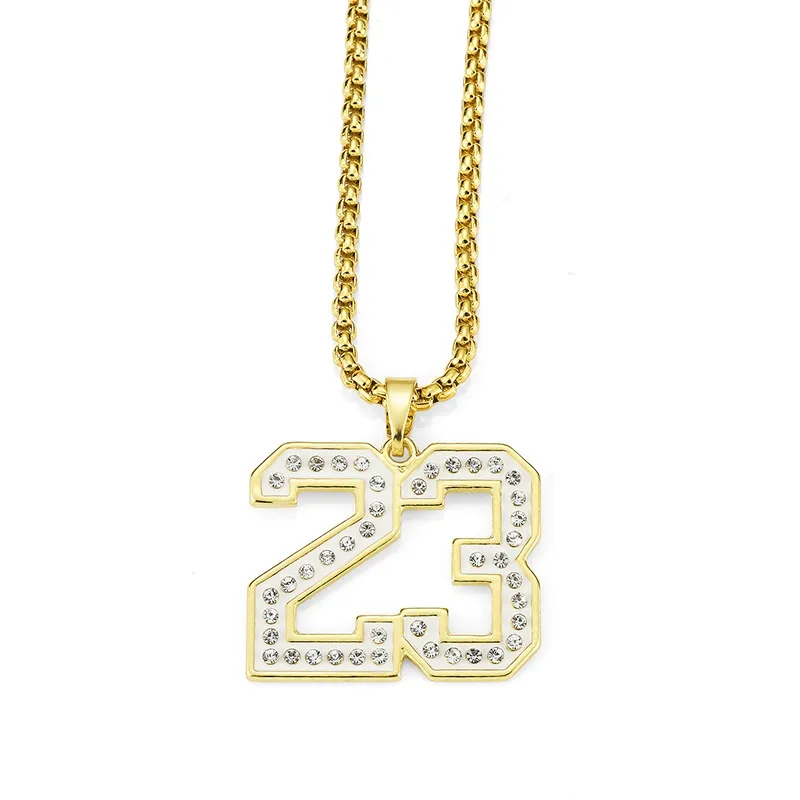 Mens Hip Hop Gold Number 23 Pendant Necklace Fashion Jewelry Rhinestone Design 75cm Långkedjiga män Halsband för gåvor6223300