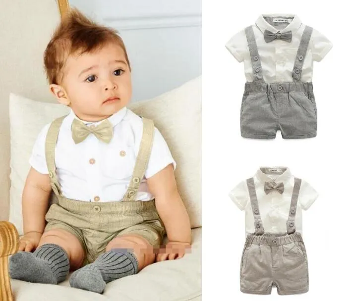 2018 Nouveaux vêtements enfants Bébés garçons 3 Pièces ensembles Gentleman costume coton blanc jupe + barboteuses + nœud papillon enfants vêtements ensembles 2 couleurs