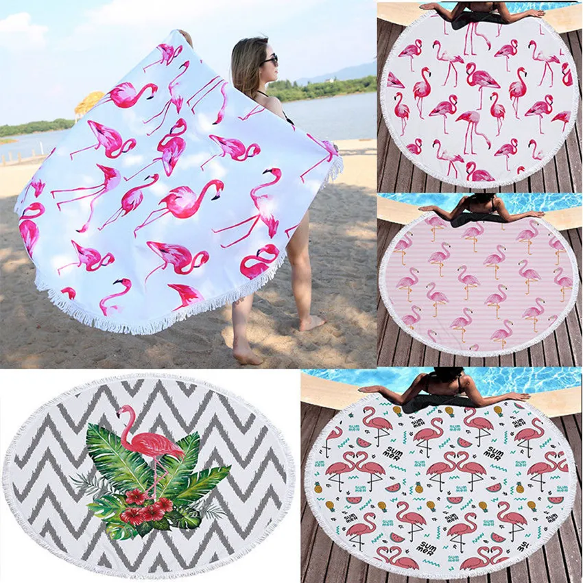 Serviette de plage ronde en forme de flamant rose, couverture de pique-nique en microfibre, tapis de Yoga, 150cm, couverture de maternité, châle de plage, GGA229, 10 pièces