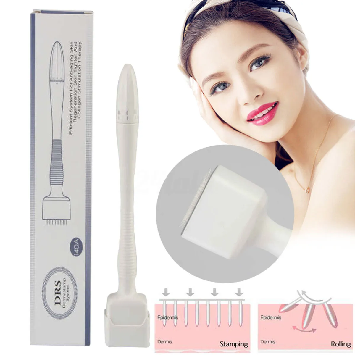 조정 가능한 DRS 140 DERMA 스탬프 Microneedle 롤러 0.5-3.0mm 바늘 길이 스테인레스 스틸 화이트 PC 핸들