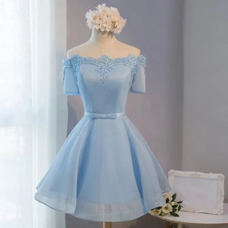 Vintage lichtblauw van de schouder korte homecoming prom cocktailjurken met mouwen kant applique a line organza mini party formele jurken