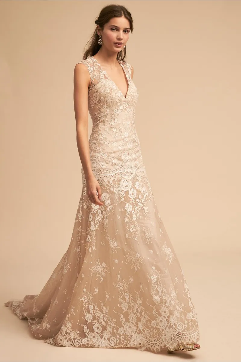 2018 Bhldn V Neck Koronki Syrenki Suknie Ślubne Koronki Aplikacja Backless Sweep Pociąg Suknie Ślubne Suknie Ślubne