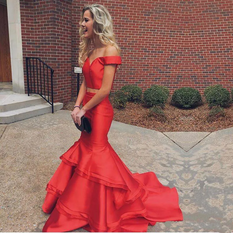 Vestidos De Fiesta De Sirena Rojos Largos 2018 Fuera Del Hombro