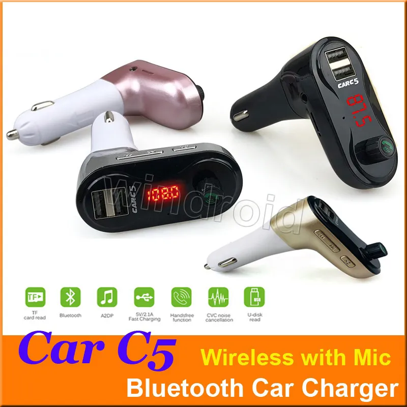 CAR C5 Multifonction Transmetteur Bluetooth 2.1A Double USB Chargeur de voiture FM Lecteur MP3 Kit de voiture sans fil avec micro Support Carte TF Mains libres 30pcs