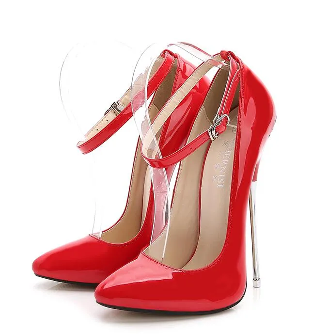 16cm Stiletto Fetish Man Cosplay Shoes Sharp toe Mary Janes Ankle Wrap heeled Pumps spike Metal heel BONDAGE BDSM Red Black high heels