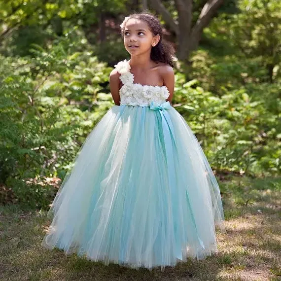 Mintgroen Prinses Bloem Meisje Trouwjurken Een Schouderriem Bloemen Bodice Baljurk Tule Rok Kleine Meisjes Verjaardag Party Jurken