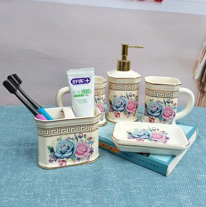 Luxury Ceramic Bathroom Accessories Elegant Bathroom Sets 1 Soap Bottle+1  Soap Dish +1toothbrush Holder+2 Cups Pink Color BS 06 From Lovehomes,  $126.64