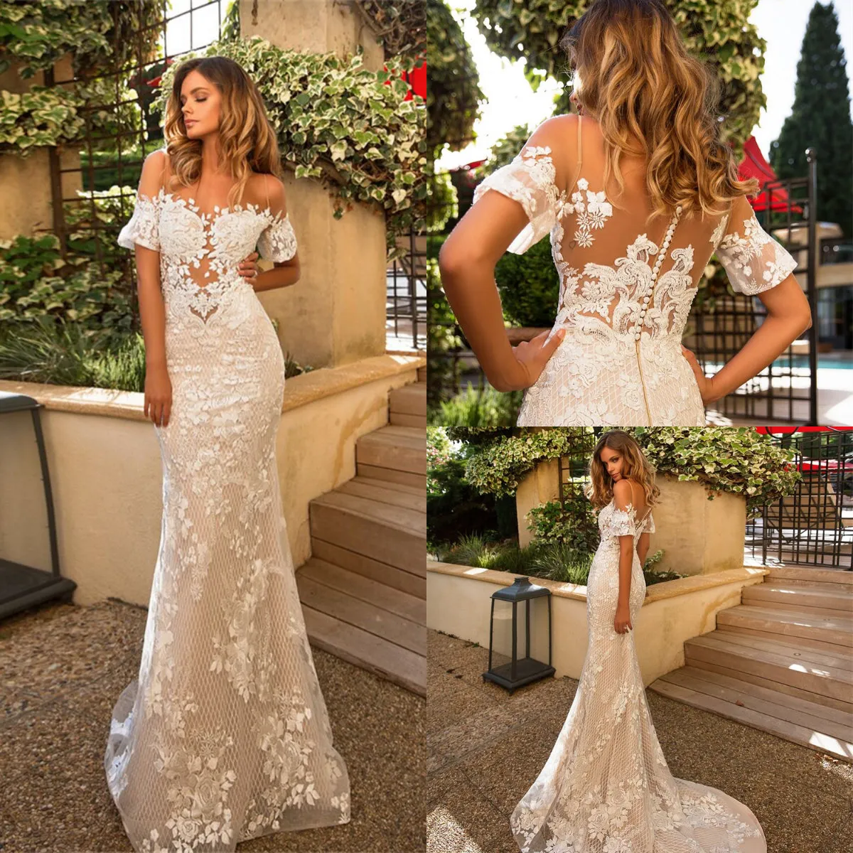 Abiti da sposa sexy a sirena con spaghetti con spalle scoperte Bottoni ricoperti in pizzo Applique Sweep Train Abiti da sposa Abiti da Noiva