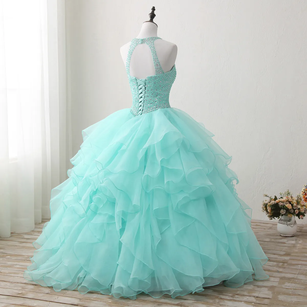 2018 New High Qullity Mint Verde vestido De Baile Quinceanera Vestidos Frisado Prom Doce 16 Vestido Plus Size Rendas Até Vestido De 15 Ano Q72