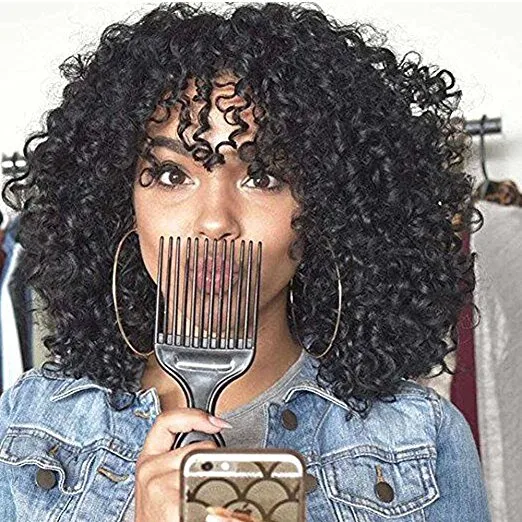 Africain Bob Kinky Bouclés Perruque Humaine Afro Pleine Perruques Pour Les Femmes Noires Vierge brésilienne Cheveux avant de lacet Avec Bangs 150% densité 14 pouces diva1