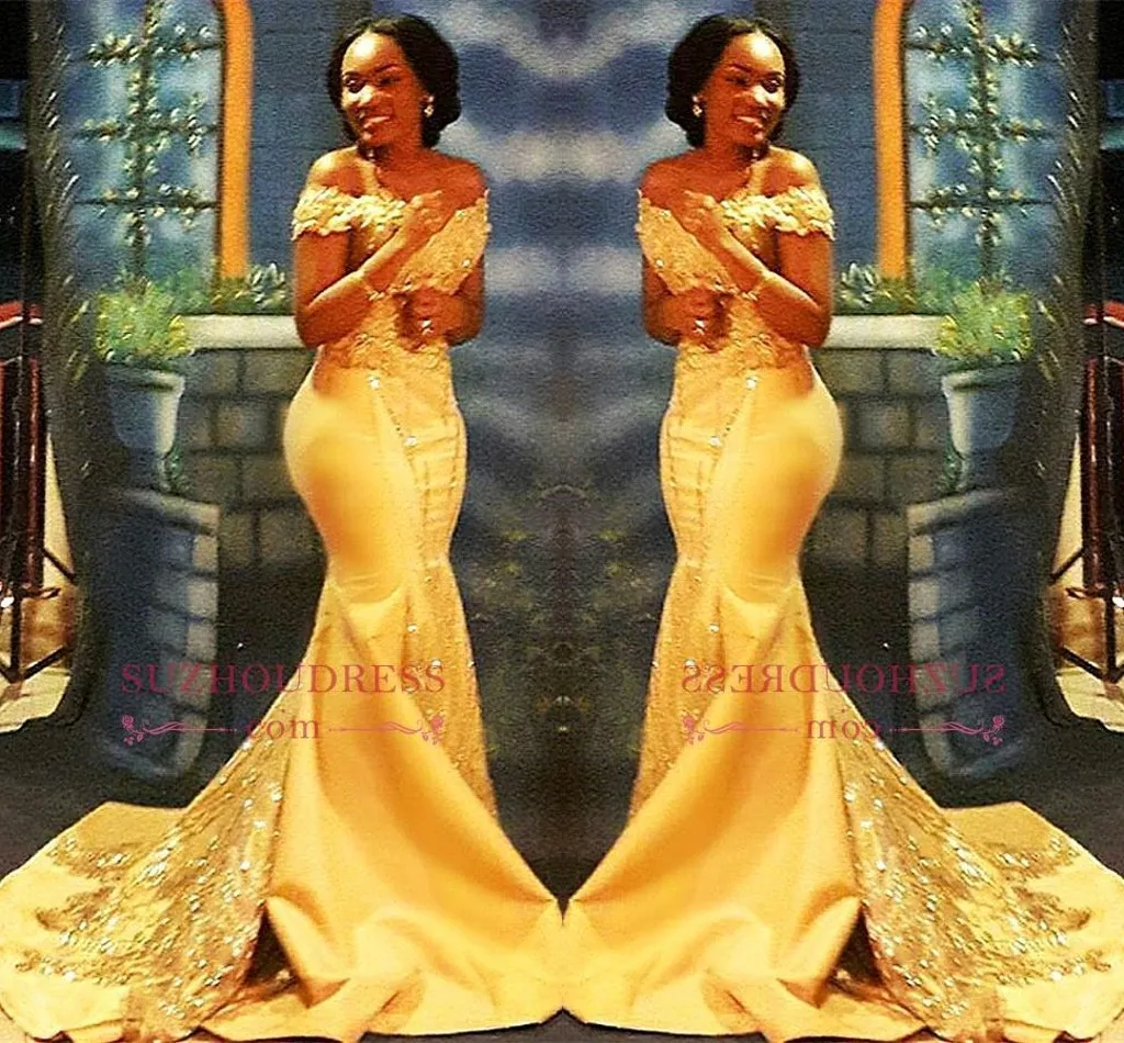 Africain Nigérian Jaune Sirène Robes De Bal 2018 Off Épaules Dentelle Paillettes Satin Robes De Bal De Soirée BA8405