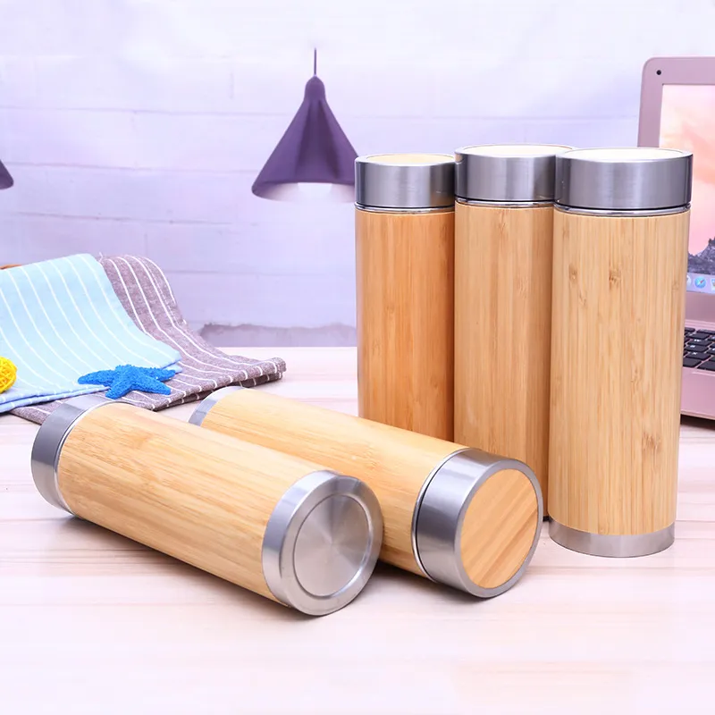 Bamboo Tumbler Stainless Steel Water Bottles Vacuum Insulated Coffee Travel Mug with Tea Infuser Strainer 16oz wooden bottle6382752