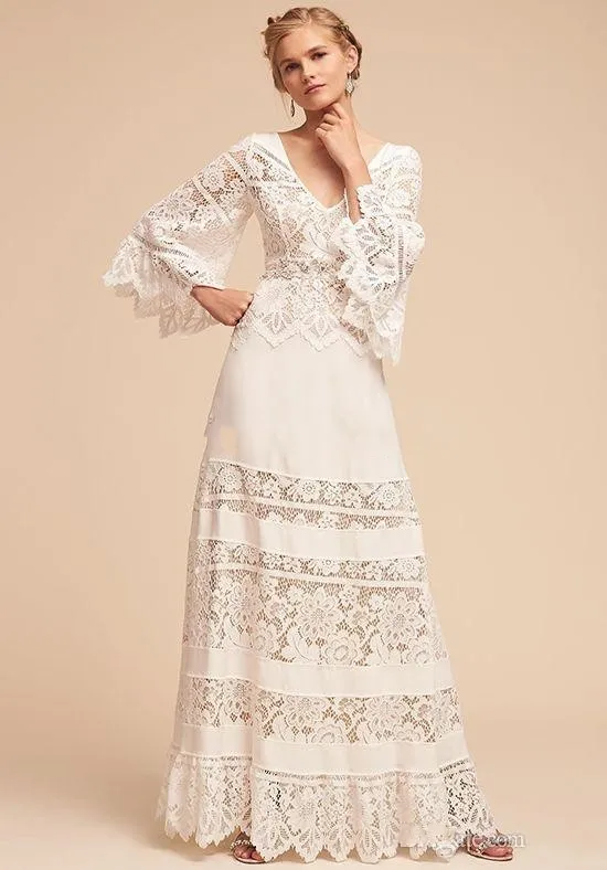 2020 Country Style Hippie Wedding Dresses Lace Bell Sleeve Plus Size V ...