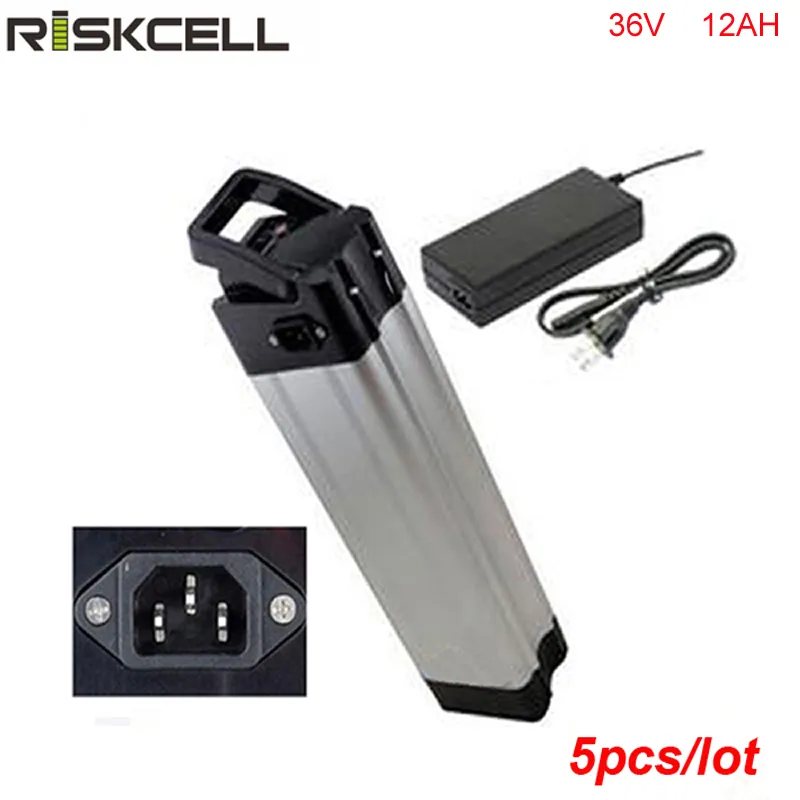 5 stks / partij Lange Cycle Life Silver Fish 36V 12AH Li ION-batterijpakketten voor elektrische scooter 500W Motor met Ebike Batterijcase