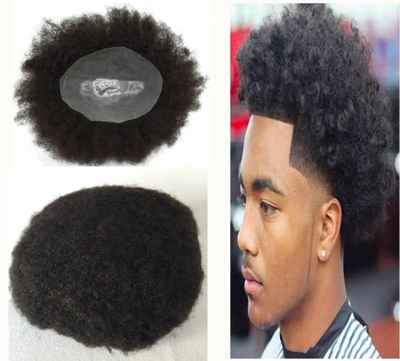 Full Pu Afro Curly Men Toupee Thin Skin Curly Toupee For Black Men Pu Hairpiece Replacement System Indian Human Hair Men Wigs