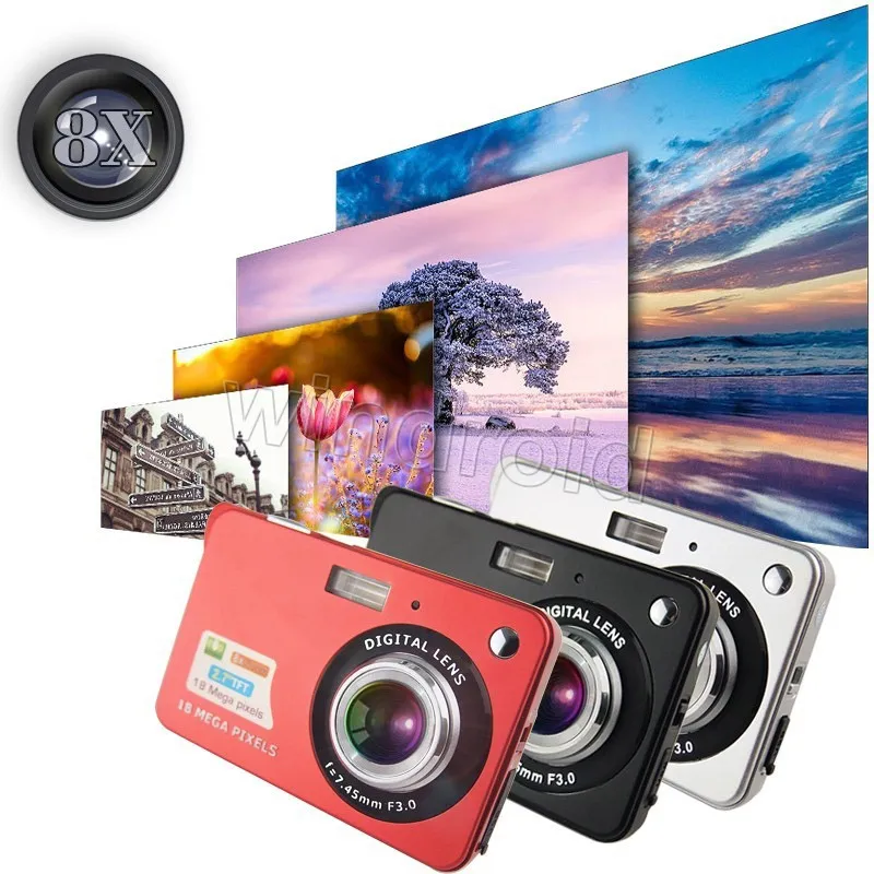 2.7 인치 TFT HD 디지털 카메라 18MP 8x 줌 비디오 카메라 미소 캡처 미니 카메라 손떨림 방지 디지털 캠코더 3 색 무료 DHL 10pcs