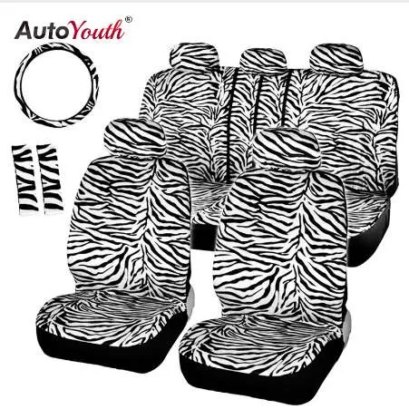 Autoitouth Short Plush Luxury Zebra Pokrowce na siedzenia Universal Fit Większość Siedzenia Samochodowe Kierownica Pokrywa Ramię Osłona białego siedzenia