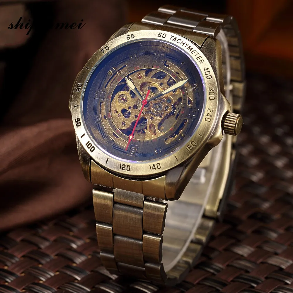 Bande hommes montres mécanique automatique squelette montre hommes Antique Steampunk auto-remontage montres horloge relogio Masculino