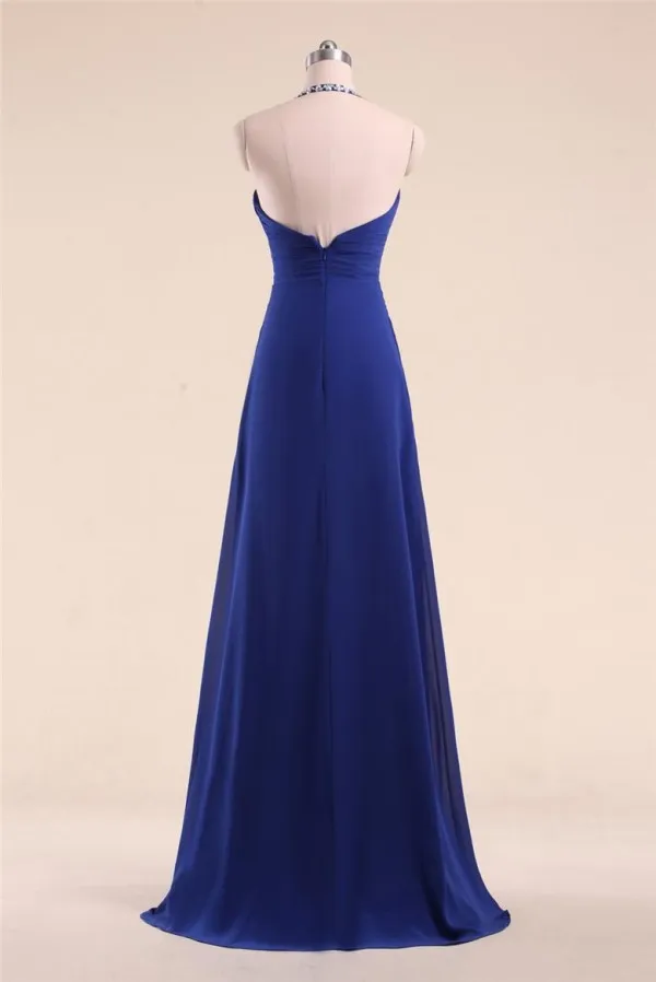 Tanie Royal Blue Dresses 2018 Model Zroszony Dekolt Halter Ruched Bodice Linia Szczotka Pociąg Szyfonowy Vestidos De Fiesta Largos