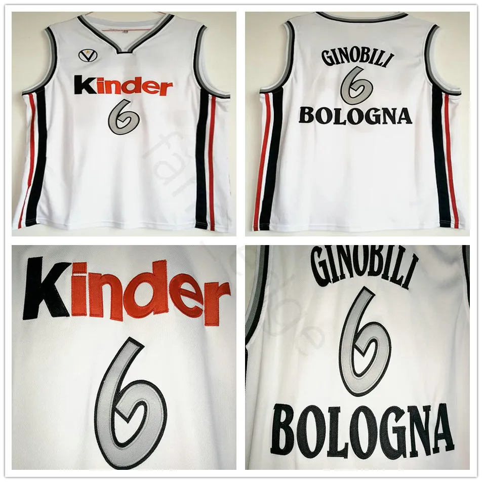 Manu Ginobili Jersey #6 Virtus Kinder Bologna Maglie da basket europea Maglie cucite Mens White Camiseta de Baloncesto Basketball Jersey Shirt