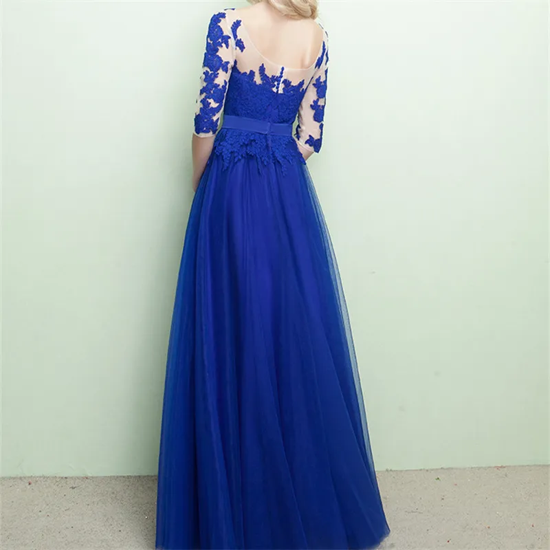 Elegant Blue Mother of the Bride Dresses Long Evening Dress Scoop Sheer with Floral Lace Half Sleeves Floor Length Prom Gowns