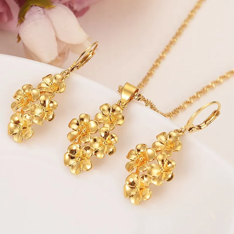 4 flores douradas montadas belas 24 k ouro fino cheia de flores conjunto jóias brincos de cadeia de pingente bronze noiva bijoux giftd