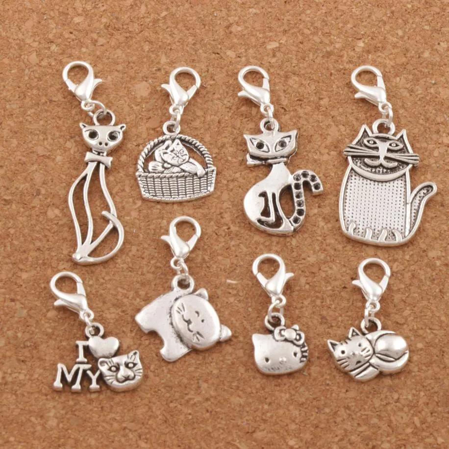 mix Cat Basket Cats Animal Clasp European Lobster Trigger Clip On Charm Beads Antique silver CM27 LZsilver Jewelry Findings Components 140pcs/lot