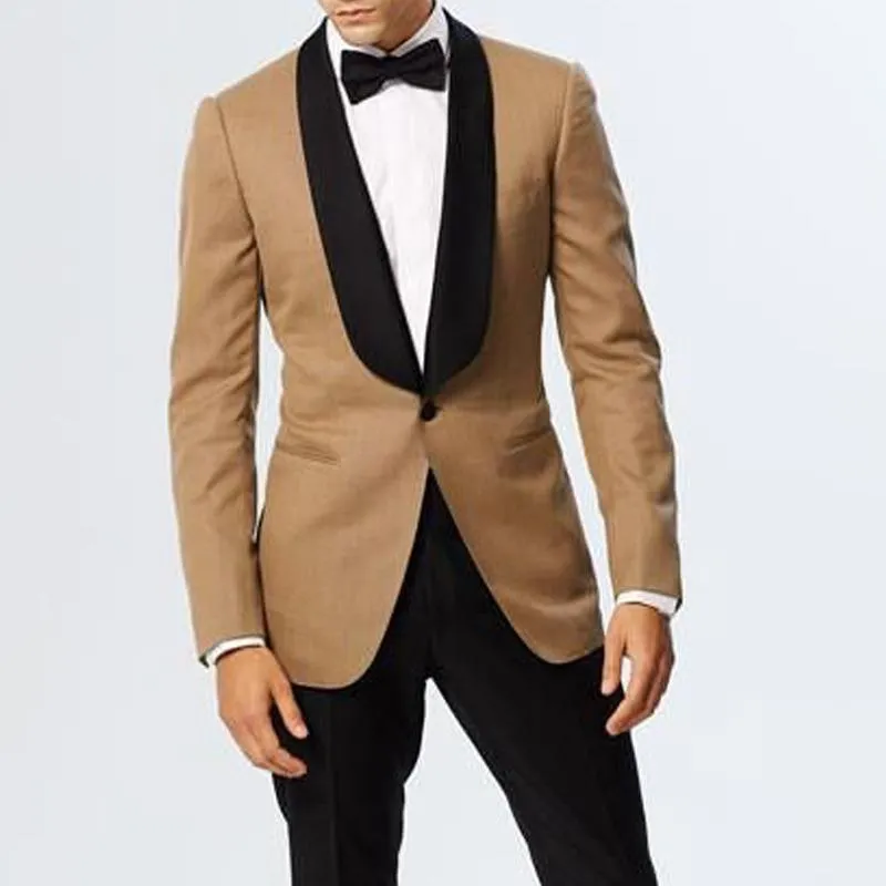 High Quality Khaki Men Wedding Tuxedos Groom Tuxedos Black Shawl Lapel One Button Men Blazer 2 Piece Suit(Jacket+Pants+Tie) 1705
