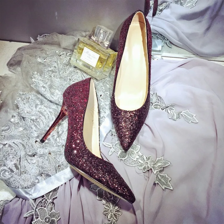 キラキラスパンコールブライダルシューズブリンブリング結婚式の靴ハイヒールパーティープロム女性シューズウッドブライドメイドシューズブラックゴールドブルゴーニュ