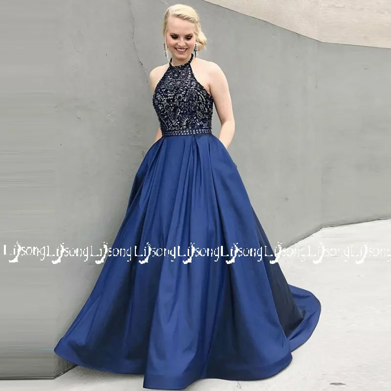 2018 blauw zwarte halter prom jurk maxi jurken vestido de festa vrouwen partij dragen avondjurk hoge kwaliteit kanten top lange bodems op maat gemaakt