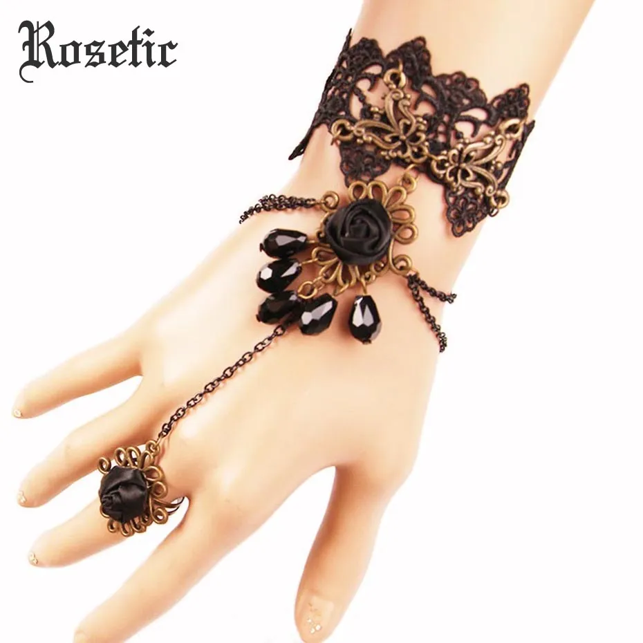 ROSETIC Vintage Gothic Woman Ring Armband Svart Lace Metal Butterfly Ribbon Floral Beads Tassel Layered Chain Party Prom Gifts