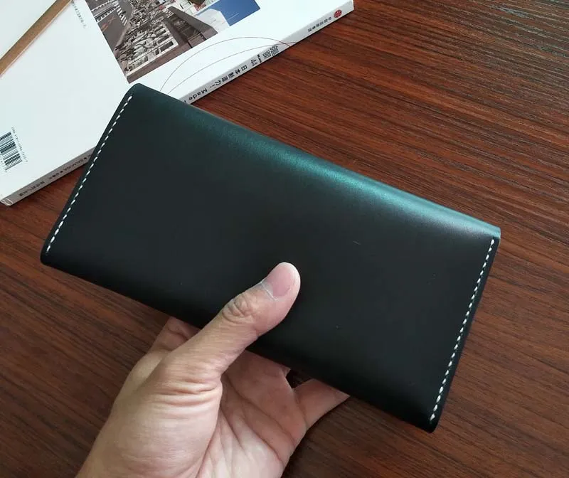 High quality hand sewing genuine nature leather long wallet black bag Men's purse Women's wallet Free shippment Designer Brand wallet