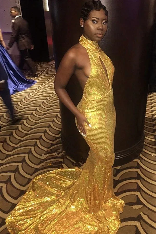 Robes de bal de sirène africaine 2018 col haut paillettes brillantes robes de soirée dos nu 2K18 compte train pas cher robe de cocktail arabe saoudien