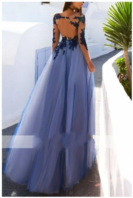 Blue A-line Empire Waist Floor-Length Prom Dress With Illusion Long Sleeve 3D Floral Applique Bateau Open Back from Dhgate Prom Dresses - price 85.76 Blue A-line Empire Waist Floor-Length Prom Dress With Illusion Long Sleeve 3D Floral Applique Bateau Open Back from Dhgate Prom Dresses - price 85.76